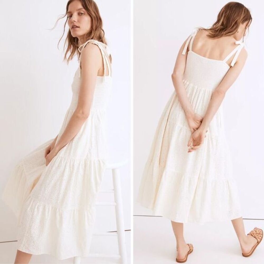 NEW Madewell Eyelet Lucie Tie-Strap Tiered Midi Dress, M - Picture 3 of 16